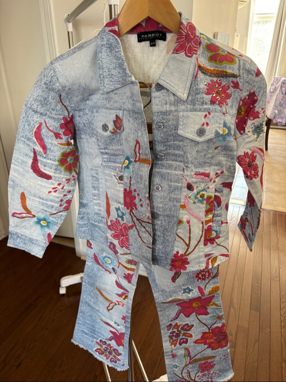 Light Blue Denim Jacket and Jeans with Pink Floral Embroidery Set